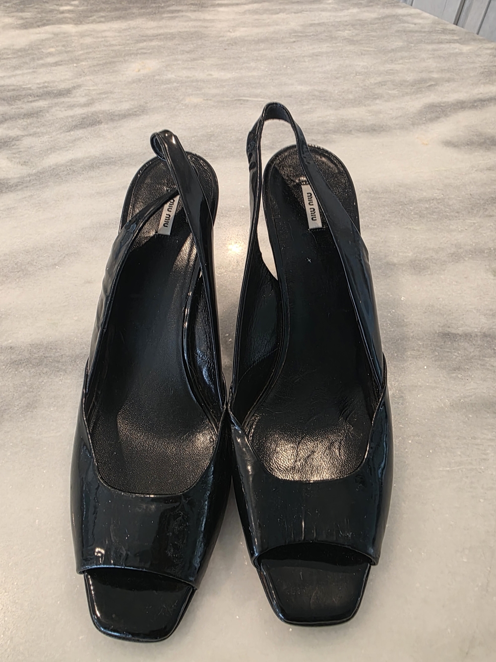 Miu Miu Black Patent Peep-Toe Slingback Mules
